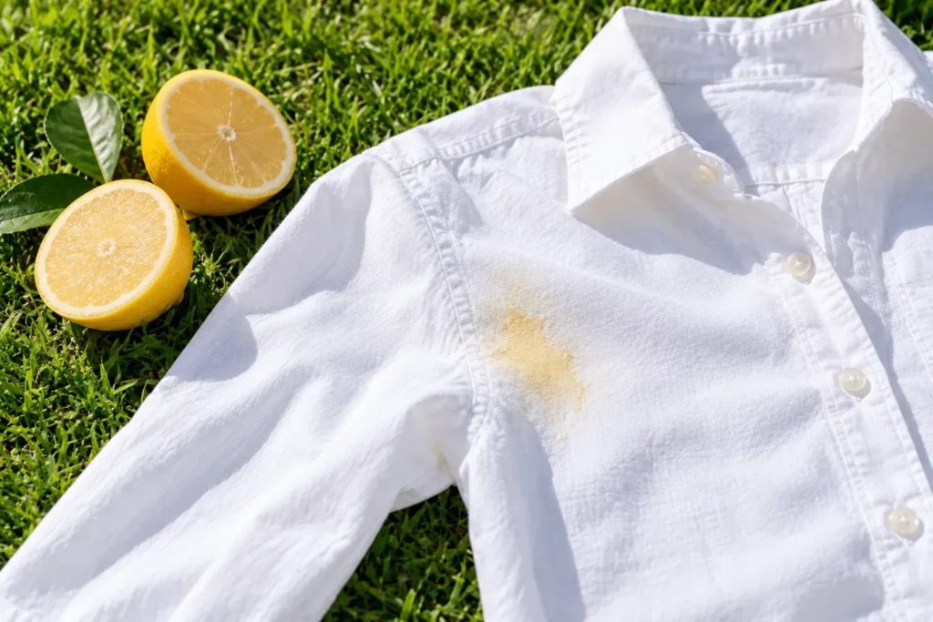 10 Fast Ways to Remove Stains On Clothes Today 9 White shirt drying in direct sunlight with lemon halves for natural stain lightening