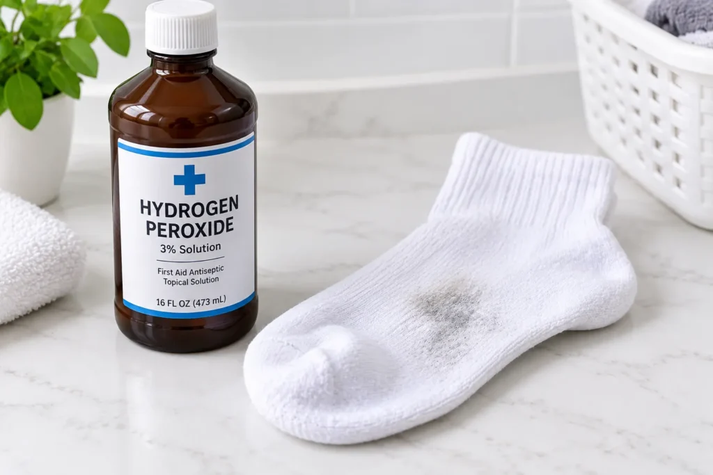 10 Fast Ways to Remove Stains On Clothes Today 11 Brown bottle of hydrogen peroxide next to a white sock with a faded set in stain