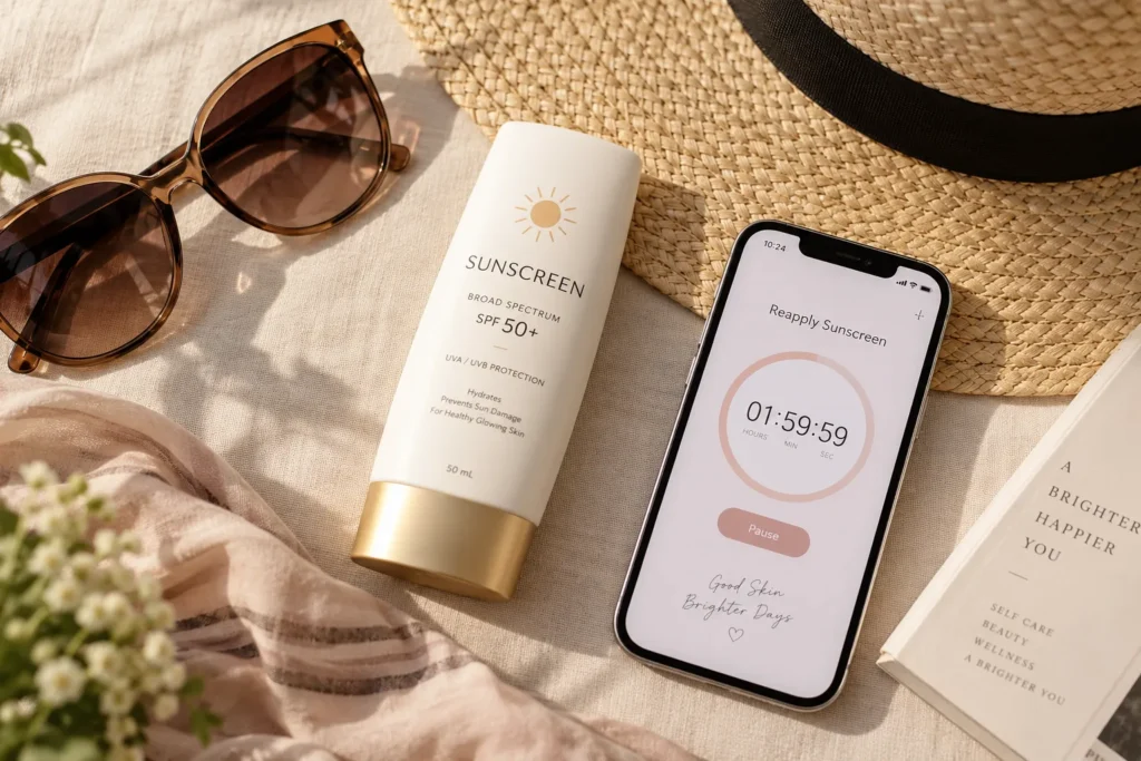 10 Summer Sunscreen Rules for Better UV Protection 3 Sunscreen, sunglasses, and a hat laid out before sun exposure with a timer