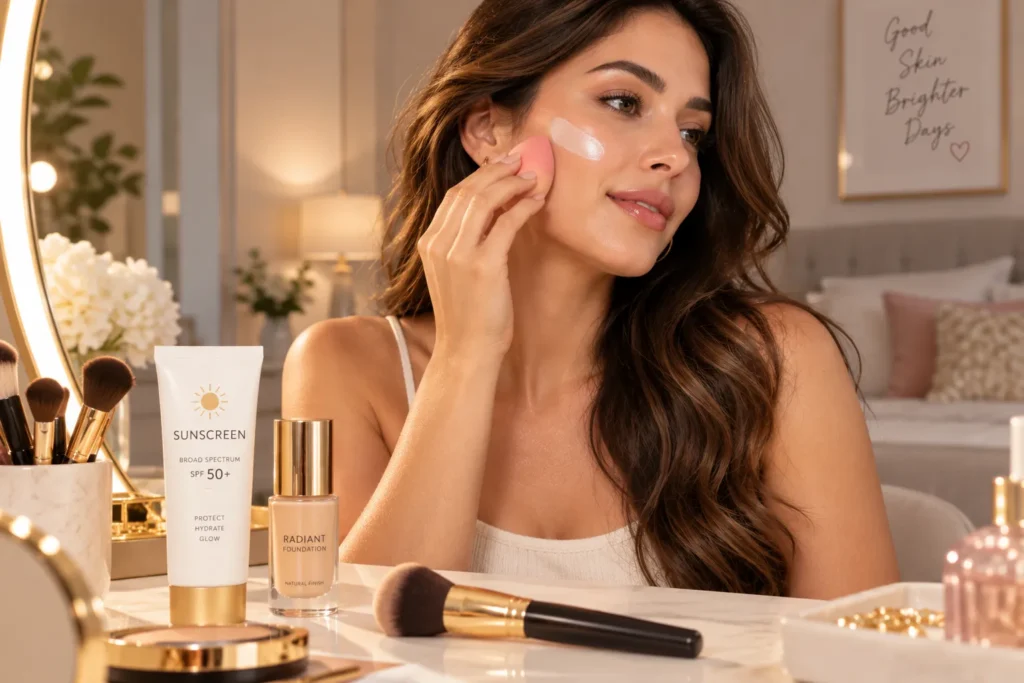 10 Summer Sunscreen Rules for Better UV Protection 7 Sunscreen and makeup products arranged on a bathroom counter