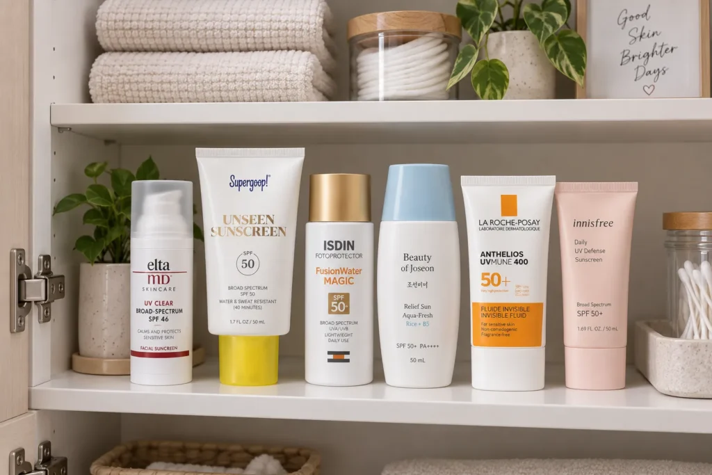 10 Summer Sunscreen Rules for Better UV Protection 11 Sunscreen bottles stored in a cool bathroom cabinet away from heat