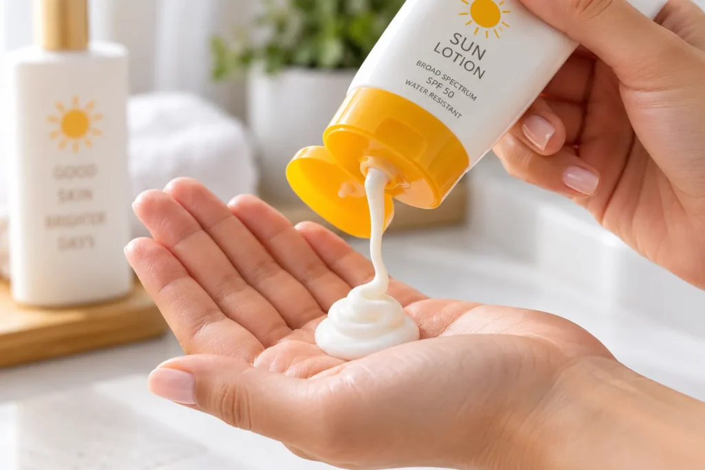 10 Sun Lotion Tips for a Glowing Summer Look 3 Hand squeezing a generous amount of sun lotion for full body coverage