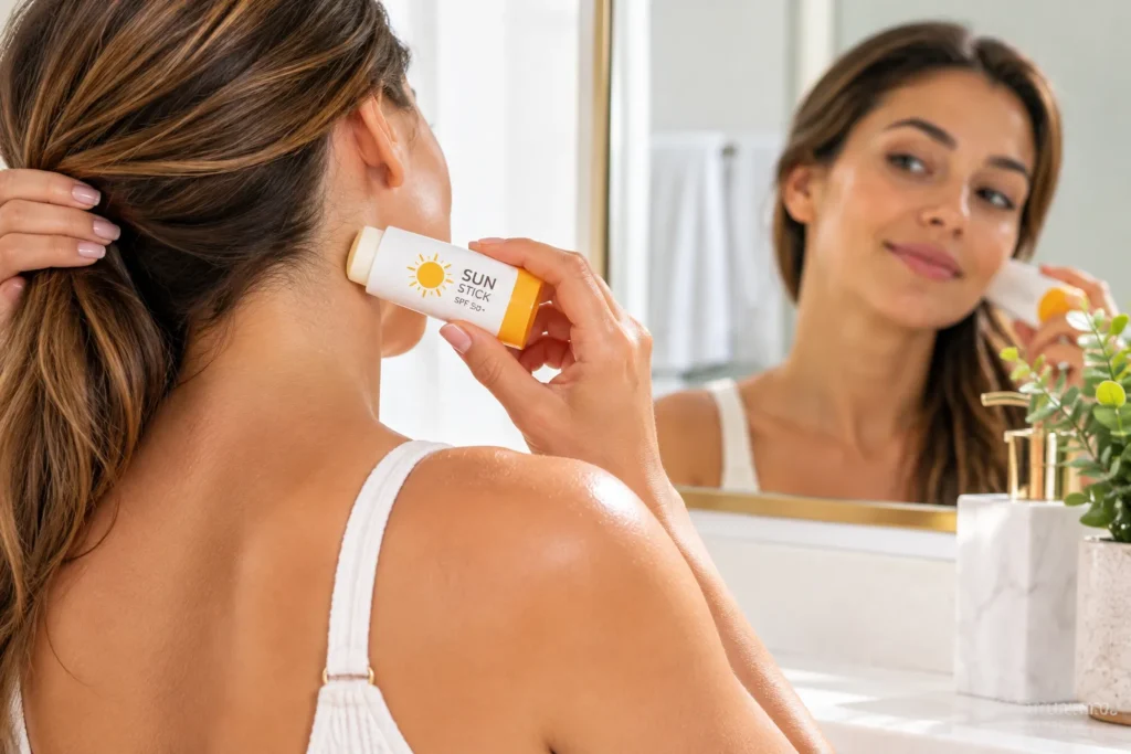 10 Sun Lotion Tips for a Glowing Summer Look 5 Applying SPF stick to ears and neck to avoid missed sunburn spots