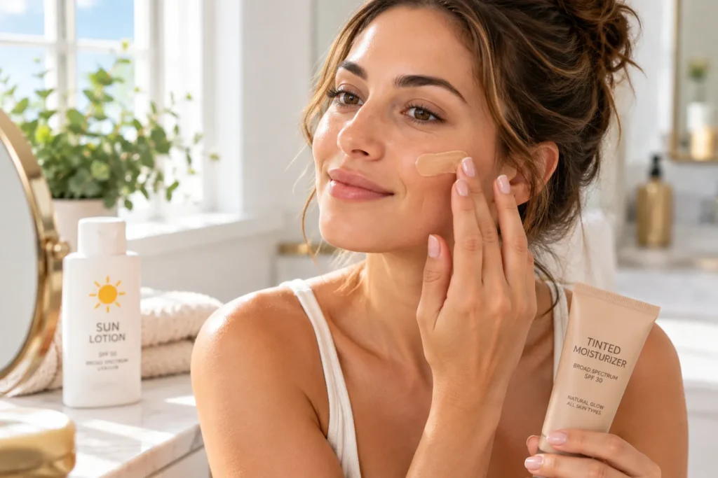 10 Sun Lotion Tips for a Glowing Summer Look 7 Applying tinted moisturizer over sun lotion for a smooth makeup base
