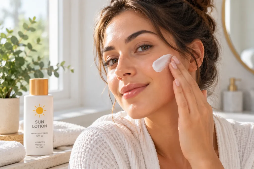 10 Sun Lotion Tips for a Glowing Summer Look 11 Glowing hydrated skin after applying sun lotion in morning light
