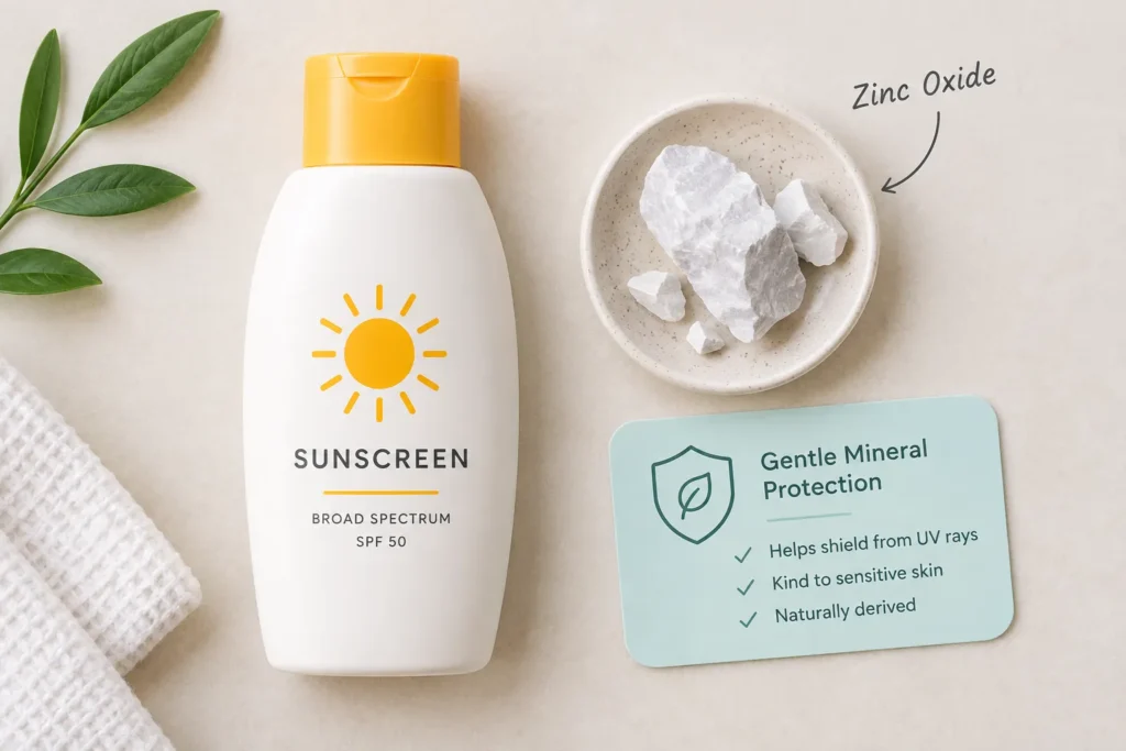 10 Sunscreen Ads Design Ideas That Grab Attention 7 Flat lay of sunscreen bottle with zinc oxide ingredient icon and benefit label