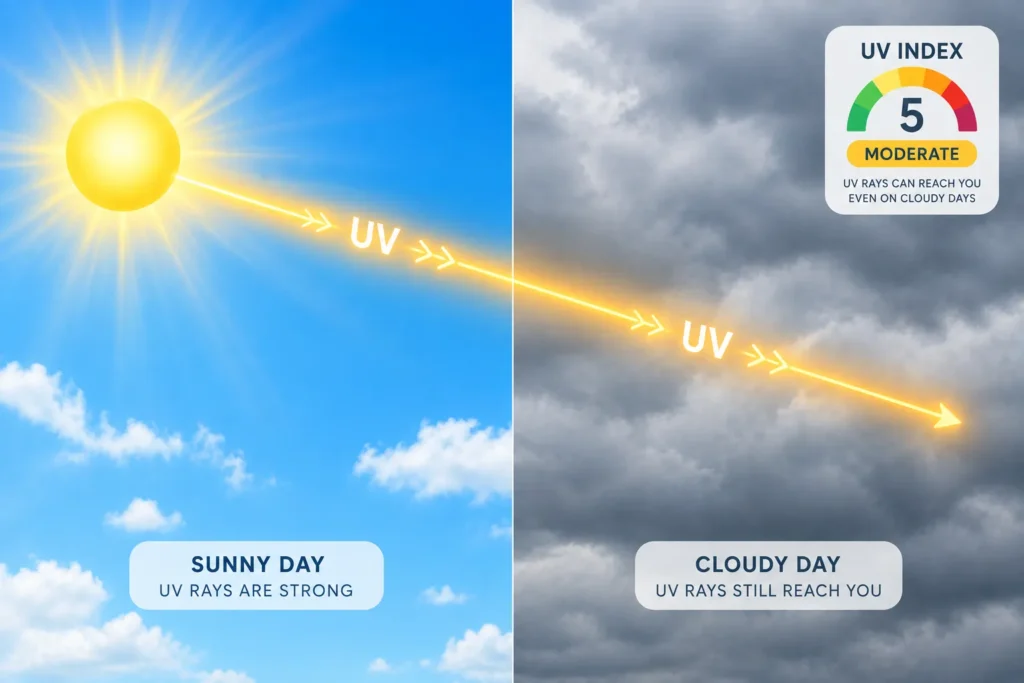 10 Sunscreen Ads Design Ideas That Grab Attention 9 Split screen graphic of sunny and cloudy sky showing UV rays passing through both, sunscreen education visual