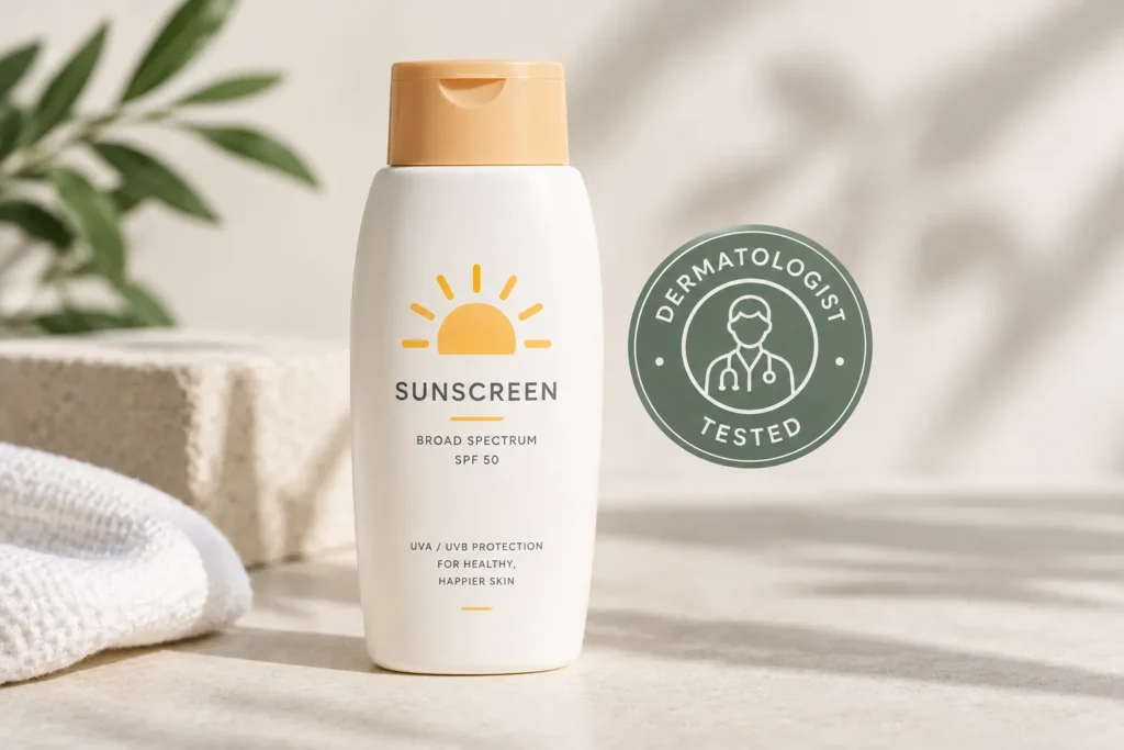 10 Sunscreen Ads Design Ideas That Grab Attention 11 Sunscreen bottle with a dermatologist tested trust badge, clean product advertising shot