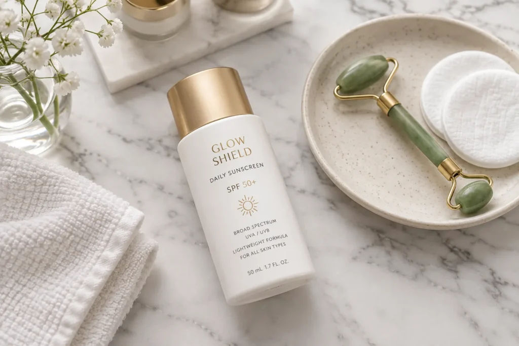 10 Best Sunscreen Brands for Everyday Skin Protection 3 Flat lay of niacinamide sunscreen bottle on marble counter