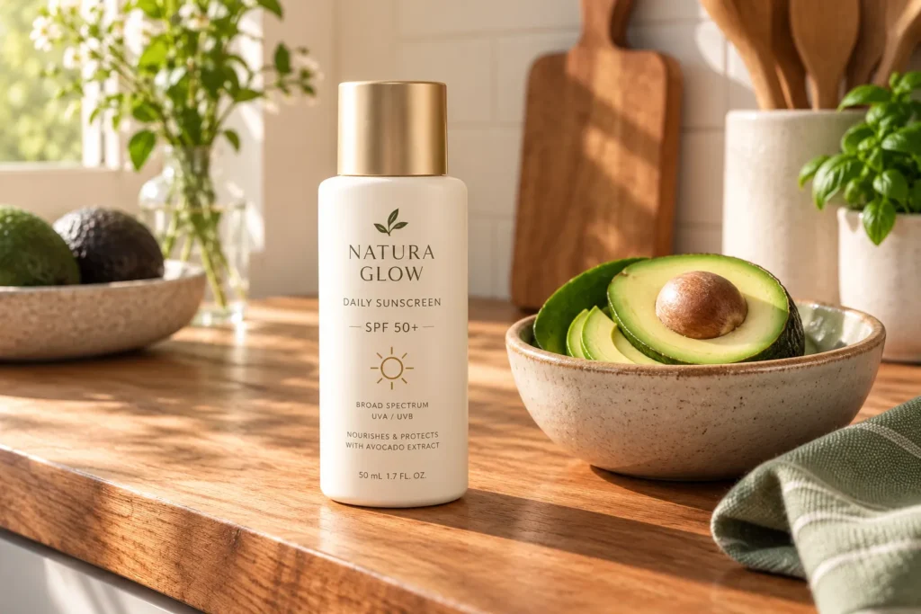 10 Best Sunscreen Brands for Everyday Skin Protection 7 Black Girl Sunscreen bottle next to fresh avocado slices