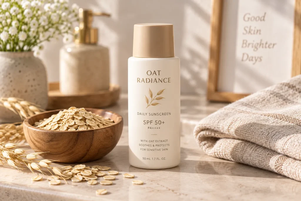 10 Best Sunscreen Brands for Everyday Skin Protection 9 Oat based sunscreen bottle next to a bowl of oats