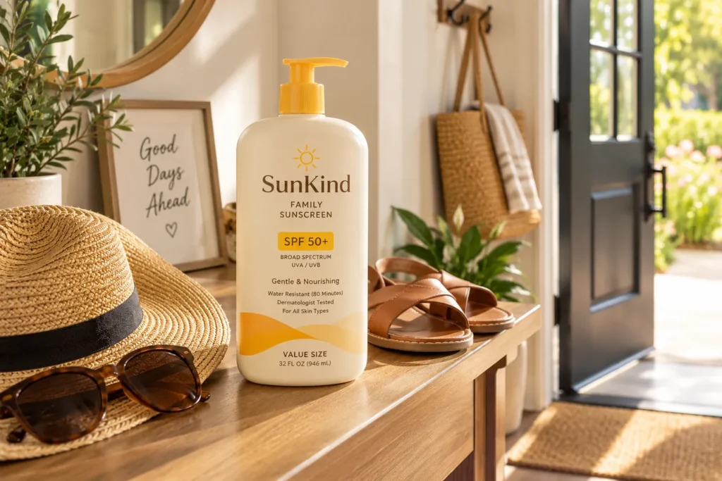 10 Best Sunscreen Brands for Everyday Skin Protection 11 Family sunscreen bottle by the front door with sun hat and sandals
