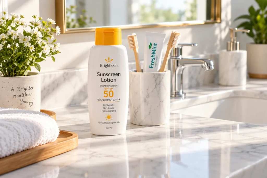 10 Sunscreen Lotion Secrets for Better Skin Care 3 Sunscreen lotion bottle next to a toothbrush in a morning skin care routine