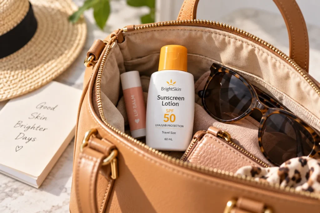 10 Sunscreen Lotion Secrets for Better Skin Care 5 Travel sized sunscreen lotion bottle packed inside a handbag for reapplication