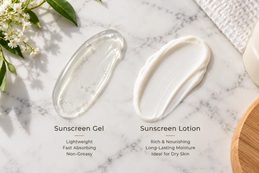 10 Sunscreen Lotion Secrets for Better Skin Care 7 Gel and cream sunscreen lotion textures compared for different skin types