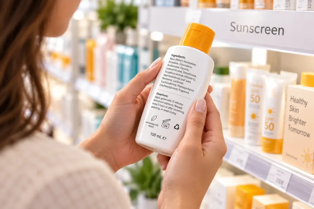 10 Sunscreen Lotion Secrets for Better Skin Care 11 Hand reading the ingredient label on a sunscreen lotion bottle in store