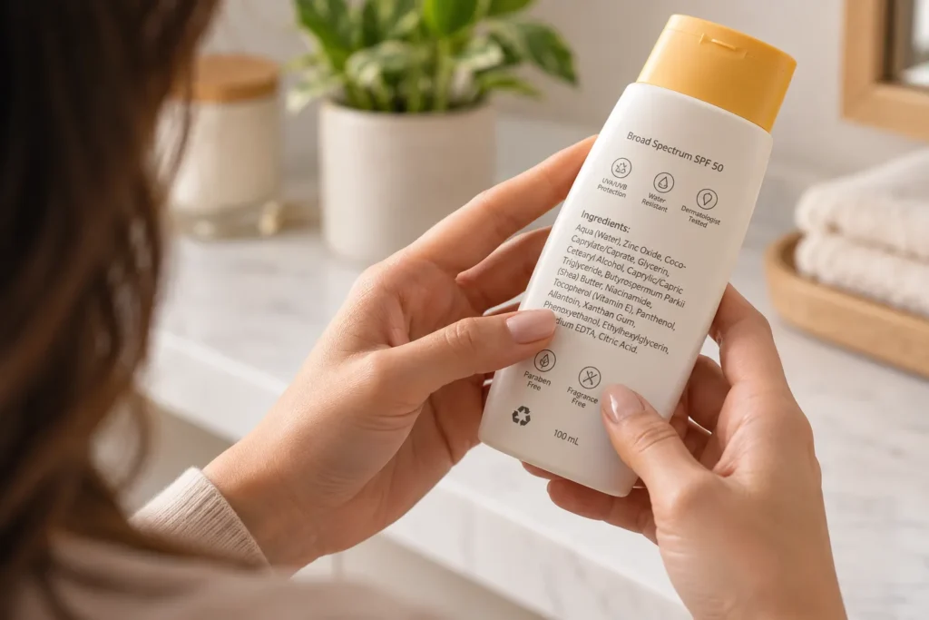 10 Sustainable Sunscreen Habits for Greener Skin 3 Hand reading the ingredient list on the back of a sunscreen bottle