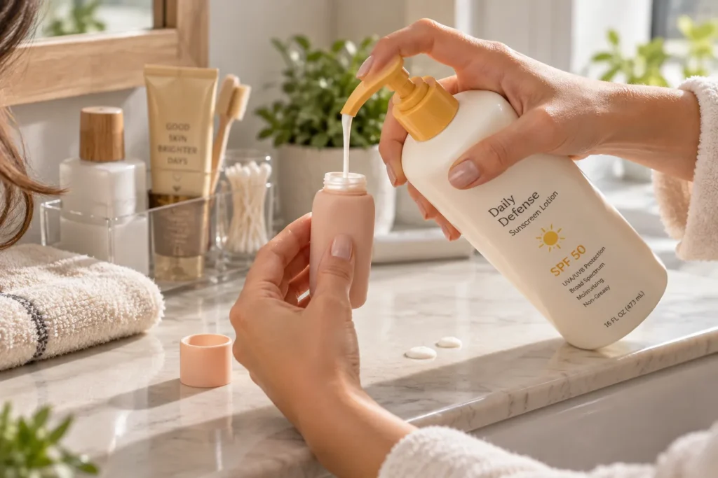 10 Sustainable Sunscreen Habits for Greener Skin 5 Large sunscreen bottle refilling a small reusable travel bottle