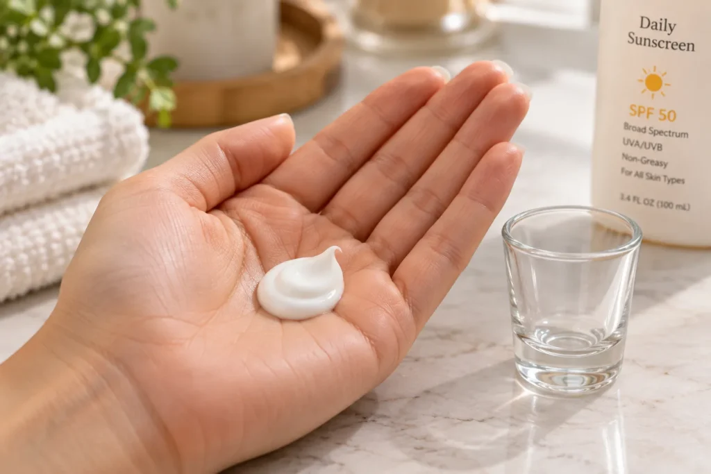 10 Sustainable Sunscreen Habits for Greener Skin 7 Sunscreen being measured on a palm next to a shot glass