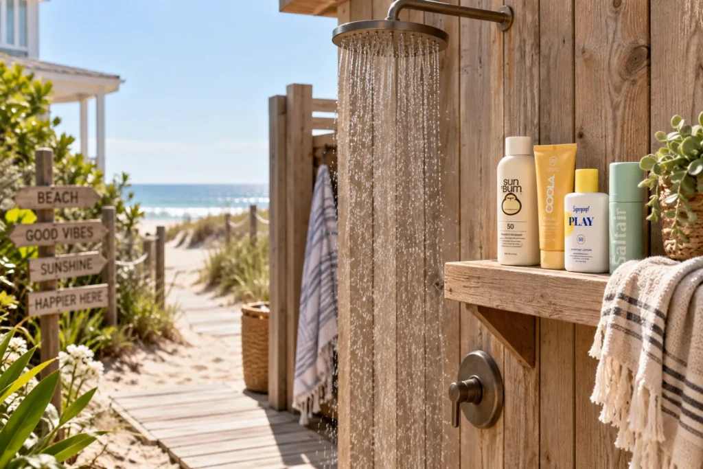 10 Sustainable Sunscreen Habits for Greener Skin 9 Outdoor rinse shower at a beach house with sunscreen bottles nearby