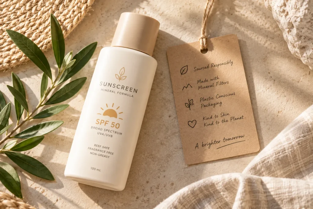 10 Sustainable Sunscreen Habits for Greener Skin 11 Flat lay of a sunscreen bottle with a sourcing information card