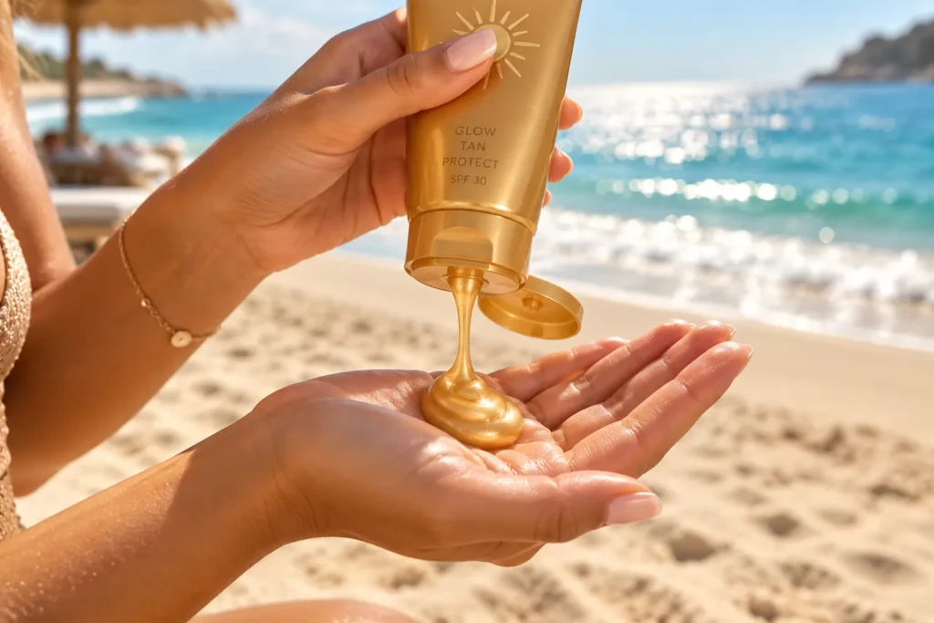 10 Best Tanning Sunscreens for Glowing Summer Skin 3 Hand applying tanning lotion with a blurred beach background