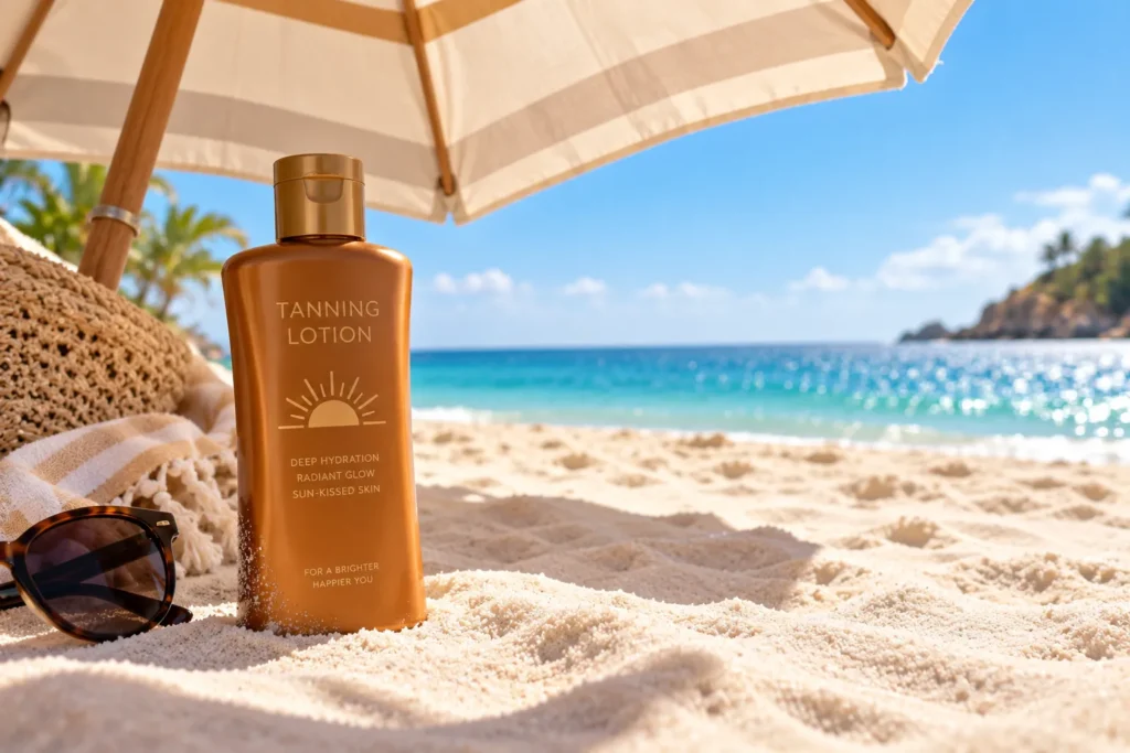 10 Best Tanning Sunscreens for Glowing Summer Skin 7 Tanning lotion bottle next to a shaded beach umbrella on sand