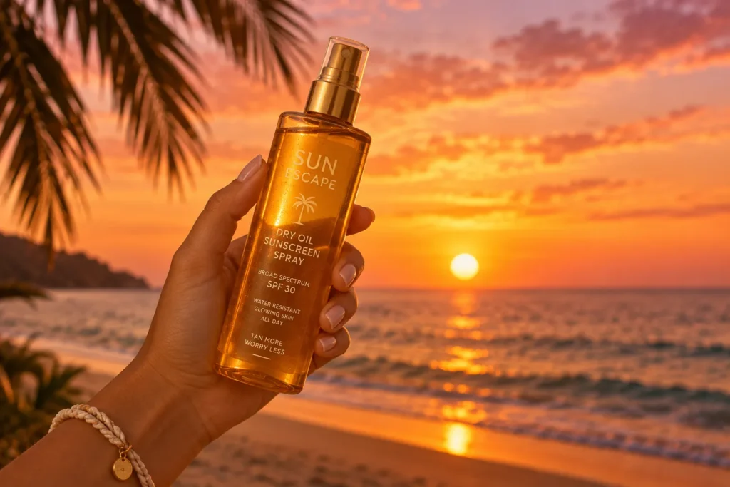 10 Best Tanning Sunscreens for Glowing Summer Skin 9 Dry oil tanning spray bottle against a sunset beach backdrop