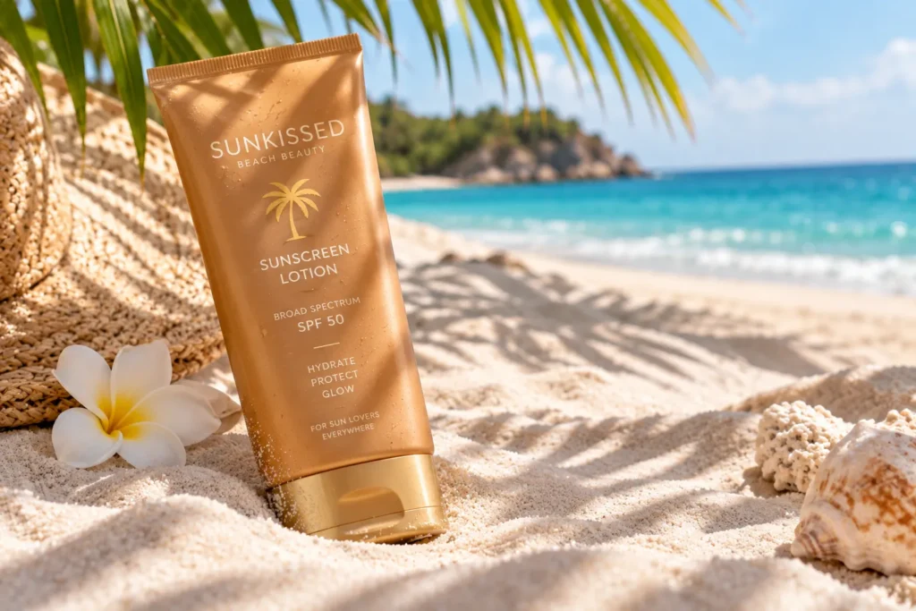 10 Best Tanning Sunscreens for Glowing Summer Skin 11 Beach branded sunscreen lotion in sand with palm leaf shadows