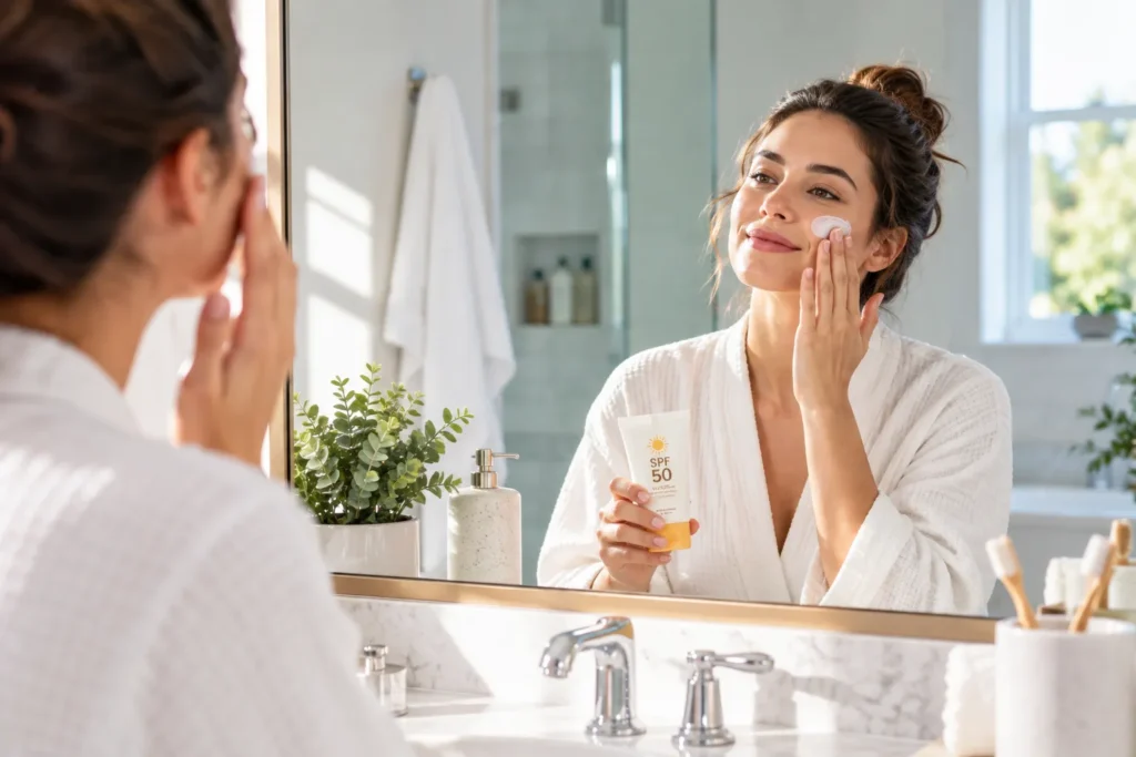 11 Ultraviolet Radiation Facts for Healthier Skin 9 Woman applying daily sunscreen at bathroom mirror as part of morning skin care routine