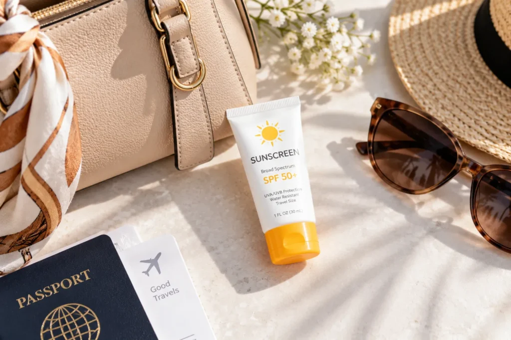 11 Ultraviolet Radiation Facts for Healthier Skin 11 Travel size sunscreen tube next to a handbag for easy sunscreen reapplication on the go