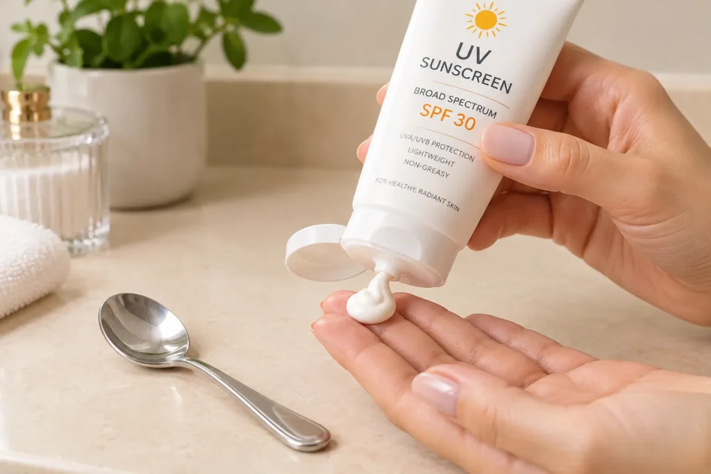 10 UV Sunscreen Tips for Healthy, Glowing Skin 3 Measuring a teaspoon amount of sunscreen for full face coverage