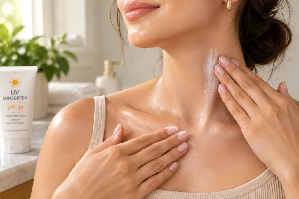 10 UV Sunscreen Tips for Healthy, Glowing Skin 5 Applying sunscreen to neck and collarbone for complete sun protection