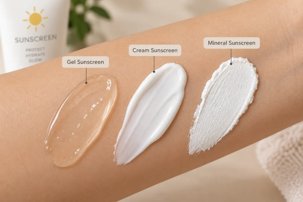 10 UV Sunscreen Tips for Healthy, Glowing Skin 7 Gel, cream, and mineral sunscreen textures compared side by side on skin