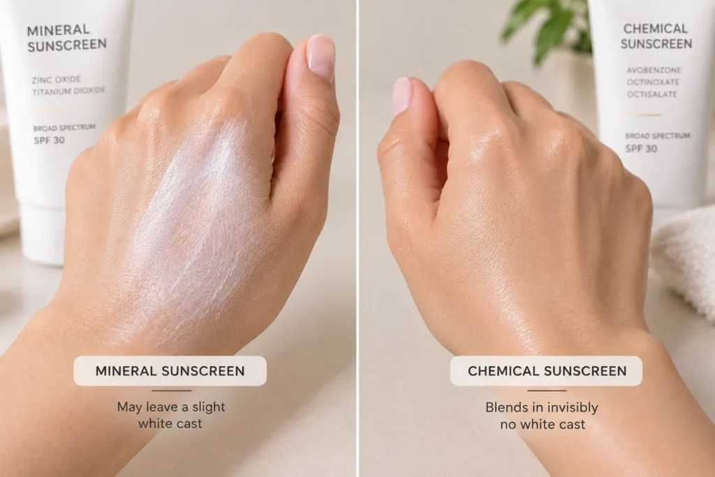 10 UV Sunscreen Tips for Healthy, Glowing Skin 9 Mineral sunscreen white cast compared to chemical sunscreen invisible finish