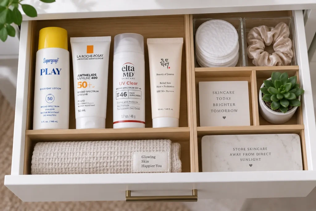 10 UV Sunscreen Tips for Healthy, Glowing Skin 11 Sunscreen bottles stored properly in a cool organized skincare drawer