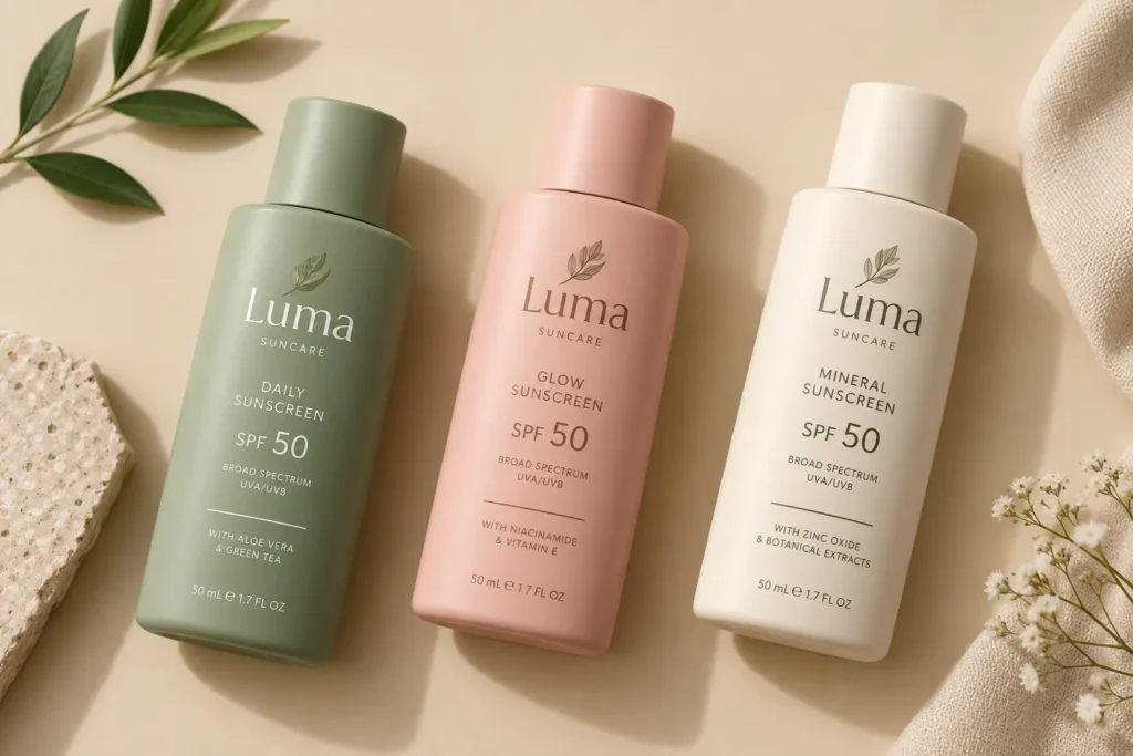 10 Vacation Sunscreen Branding Ideas That Stand Out 3 Three sunscreen bottles in sage green and blush color palette on neutral background
