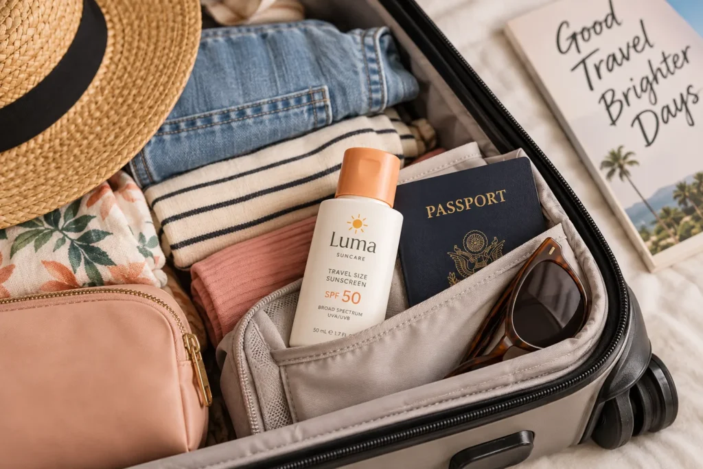 10 Vacation Sunscreen Branding Ideas That Stand Out 5 Small travel size sunscreen bottle next to packed carry on suitcase