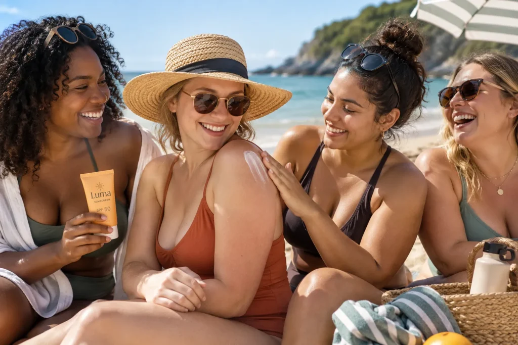 10 Vacation Sunscreen Branding Ideas That Stand Out 7 Group of people with different skin tones applying sunscreen on the beach