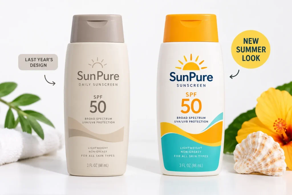 10 Vacation Sunscreen Branding Ideas That Stand Out 9 Two sunscreen bottle designs side by side showing seasonal design refresh