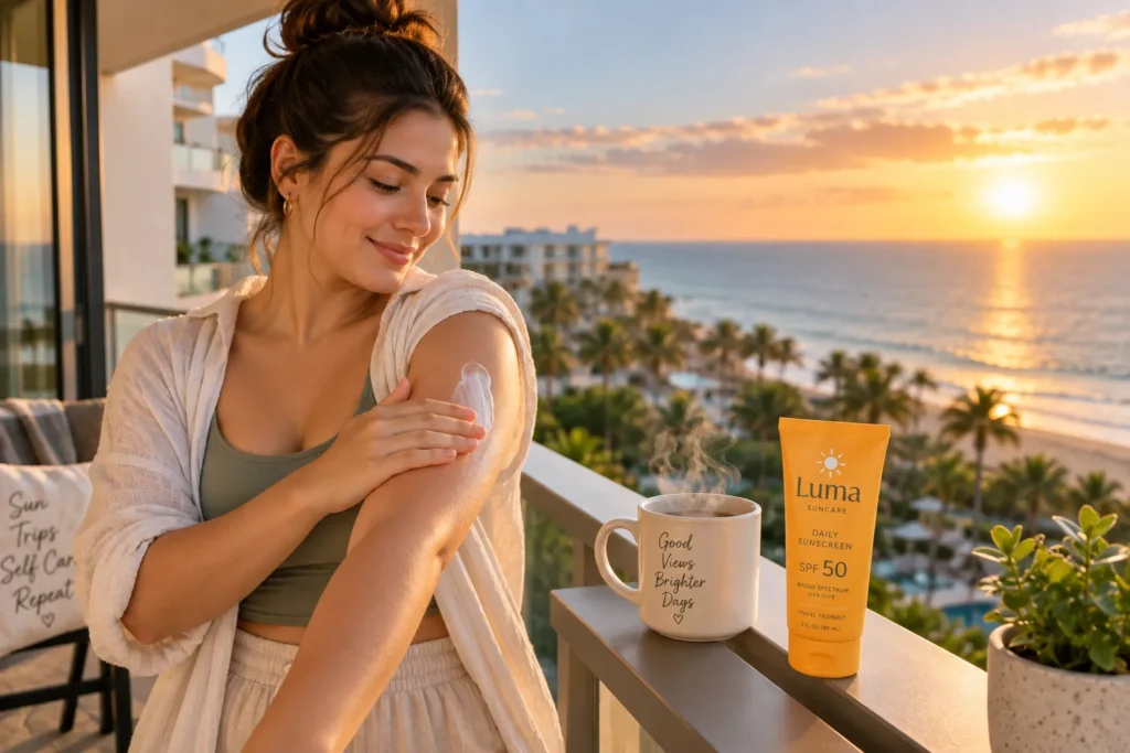 10 Vacation Sunscreen Branding Ideas That Stand Out 11 Person applying sunscreen on hotel balcony during golden hour with coffee nearby