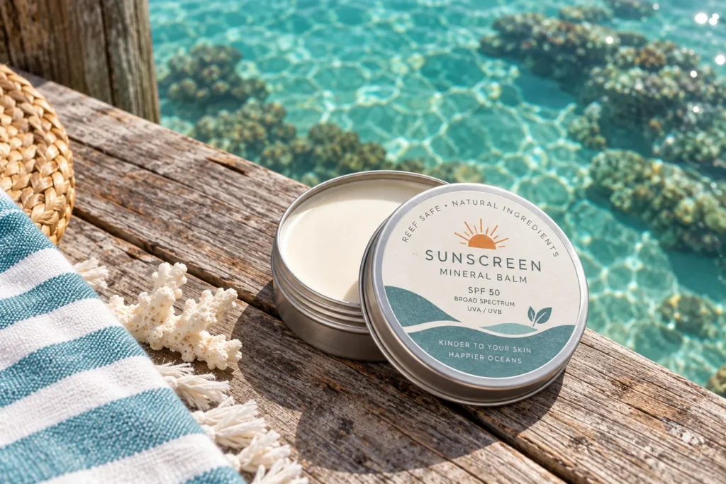 10 Beach Sunscreen Packaging Designs Made for Summer 7 Reef safe sunscreen tin on a wooden dock near clear water