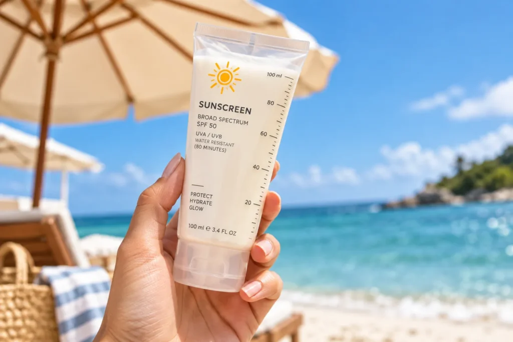 10 Beach Sunscreen Packaging Designs Made for Summer 9 Clear sunscreen tube with volume markers next to a beach umbrella