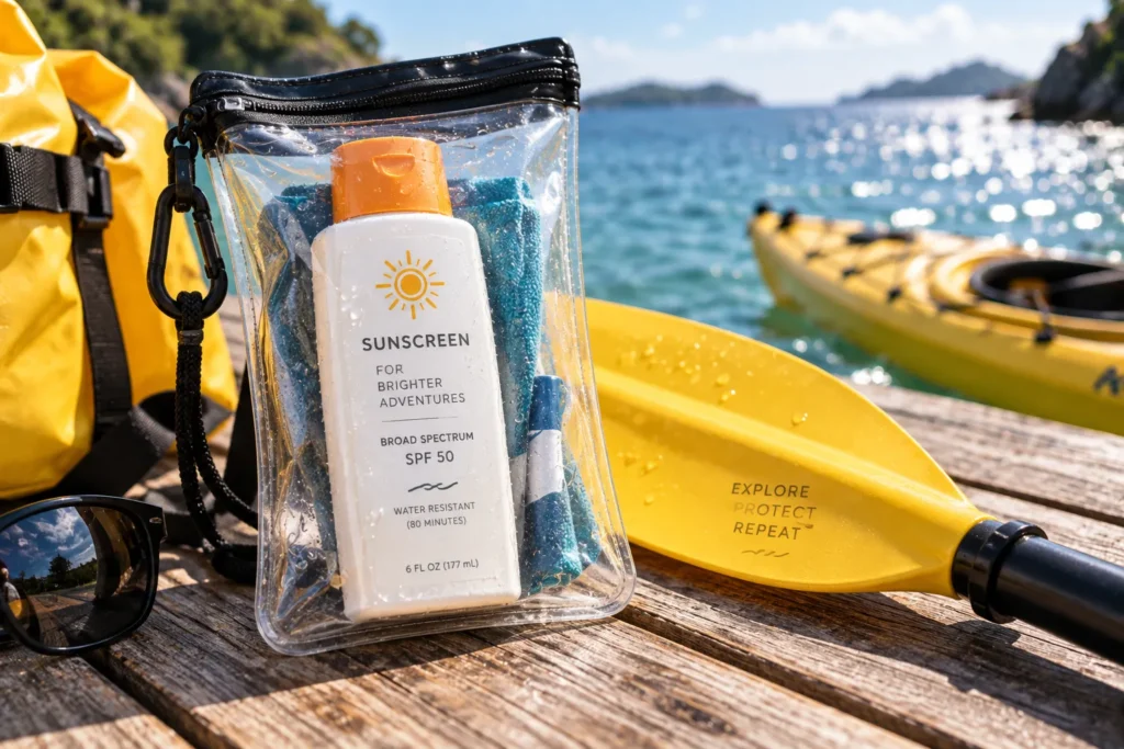 10 Beach Sunscreen Packaging Designs Made for Summer 11 Sunscreen bottle inside a waterproof pouch next to a kayak paddle
