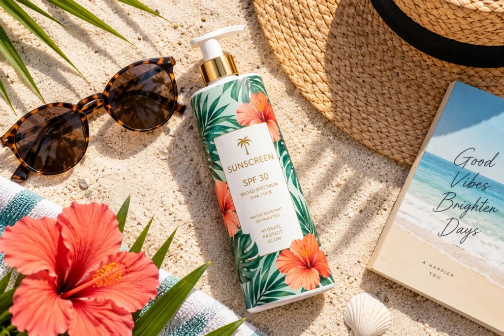 10 Beachside Sunscreen Packaging Designs You'll Love 5 Tropical print sunscreen bottle flat lay with sunglasses and hat