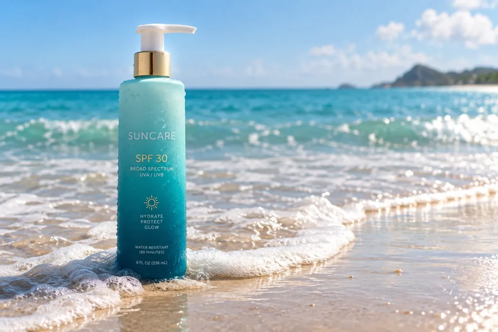 10 Beachside Sunscreen Packaging Designs You'll Love 3 Teal to aqua gradient sunscreen bottle on wet beach sand