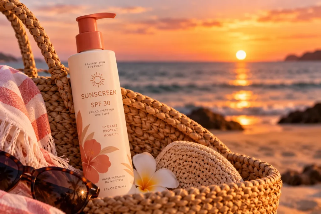 10 Beachside Sunscreen Packaging Designs You'll Love 7 Cream sunscreen bottle with coral cap on woven basket at sunset