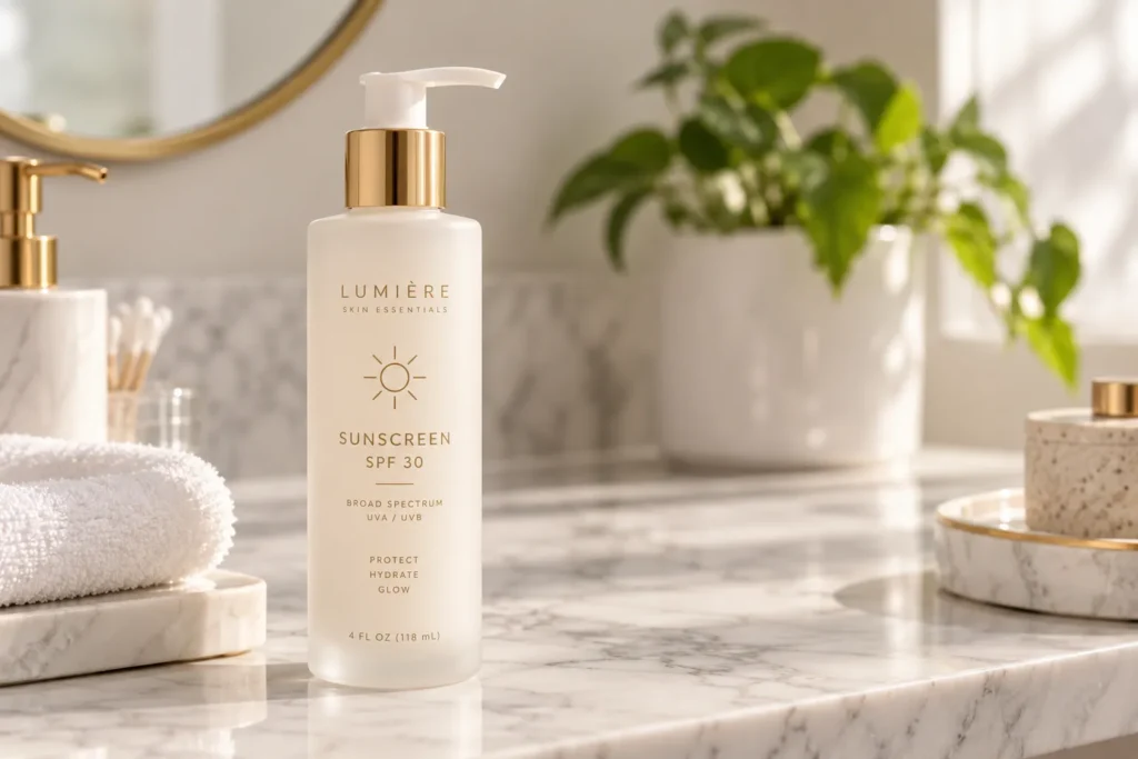 10 Beachside Sunscreen Packaging Designs You'll Love 9 Frosted white sunscreen bottle with gold text on marble counter