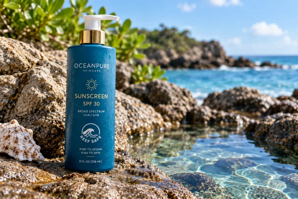 10 Beachside Sunscreen Packaging Designs You'll Love 11 Deep blue reef safe sunscreen bottle near a tide pool