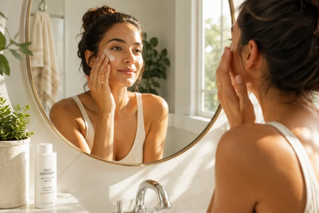 10 Skin Protection Secrets for a Youthful Glow 2 Woman applying sunscreen to her face in a sunlit bathroom